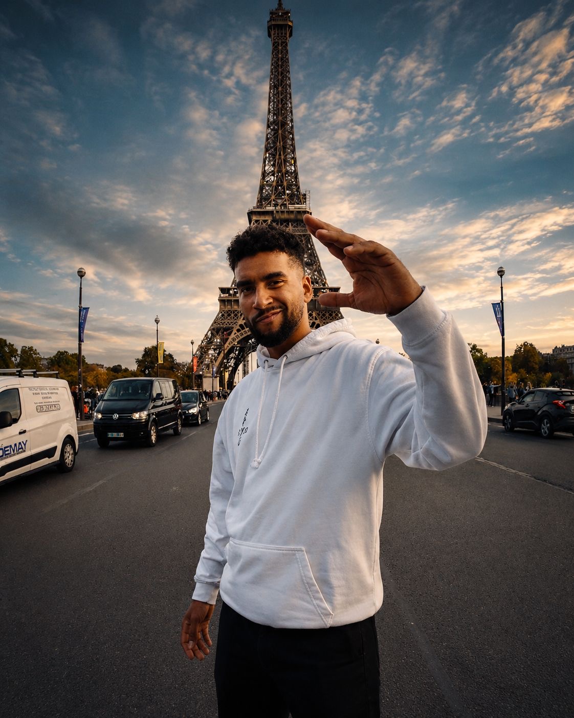 APXO in a white hoodie saluting on a Paris street with the Eiffel Tower behind him