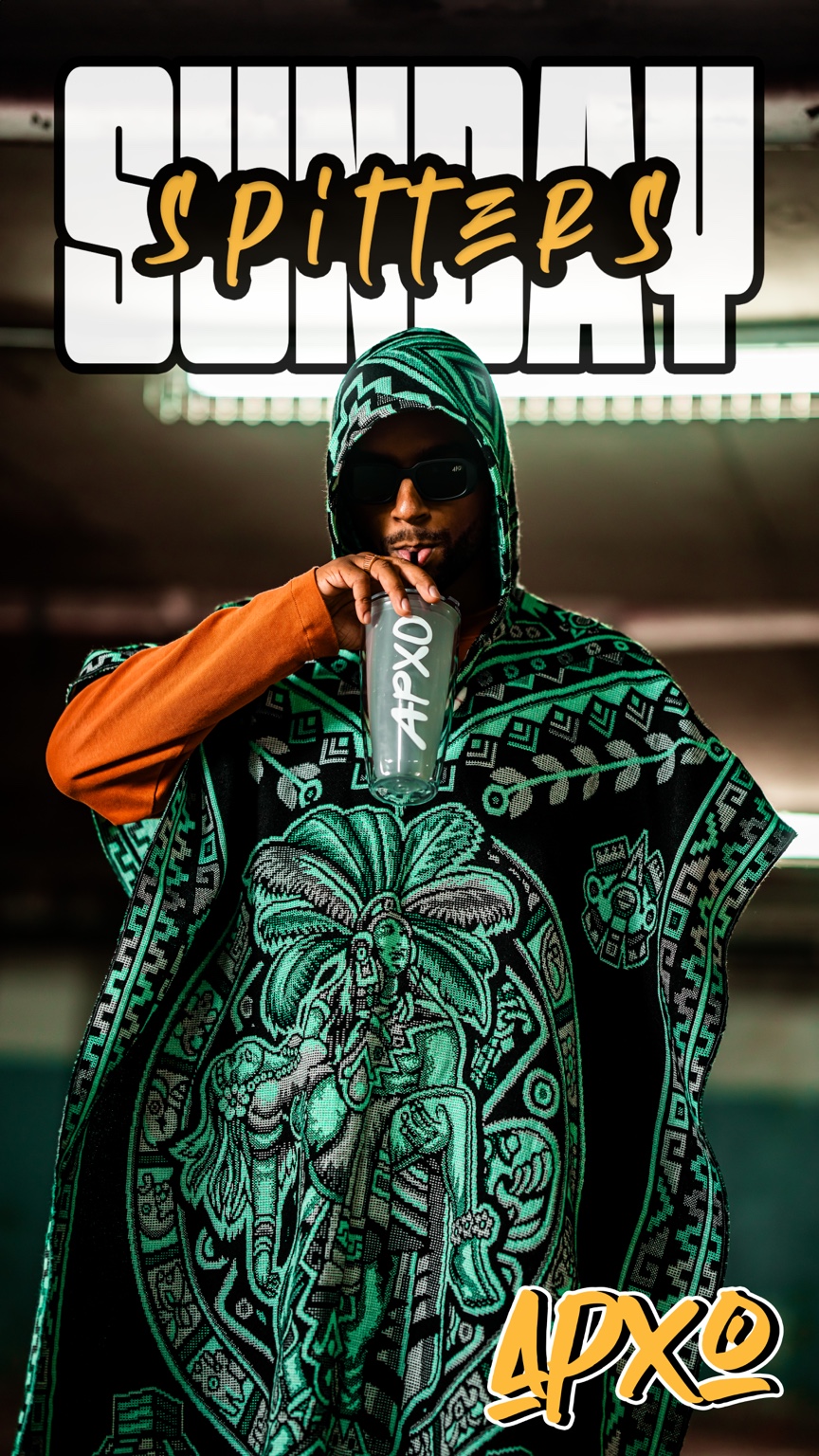 Sunday Spitters cypher cover artwork featuring APXO in a green hooded poncho